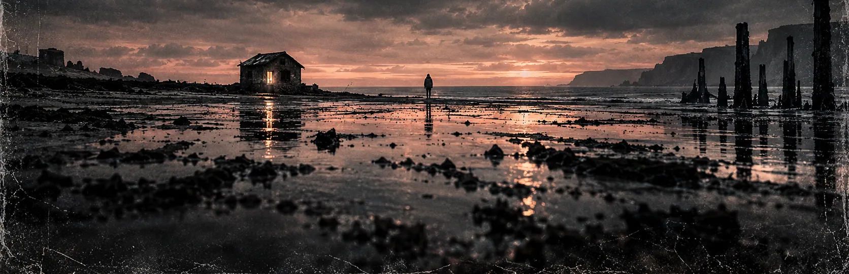 A lone house with one lit window on a tidal flat at dusk, a figure standing near the water.