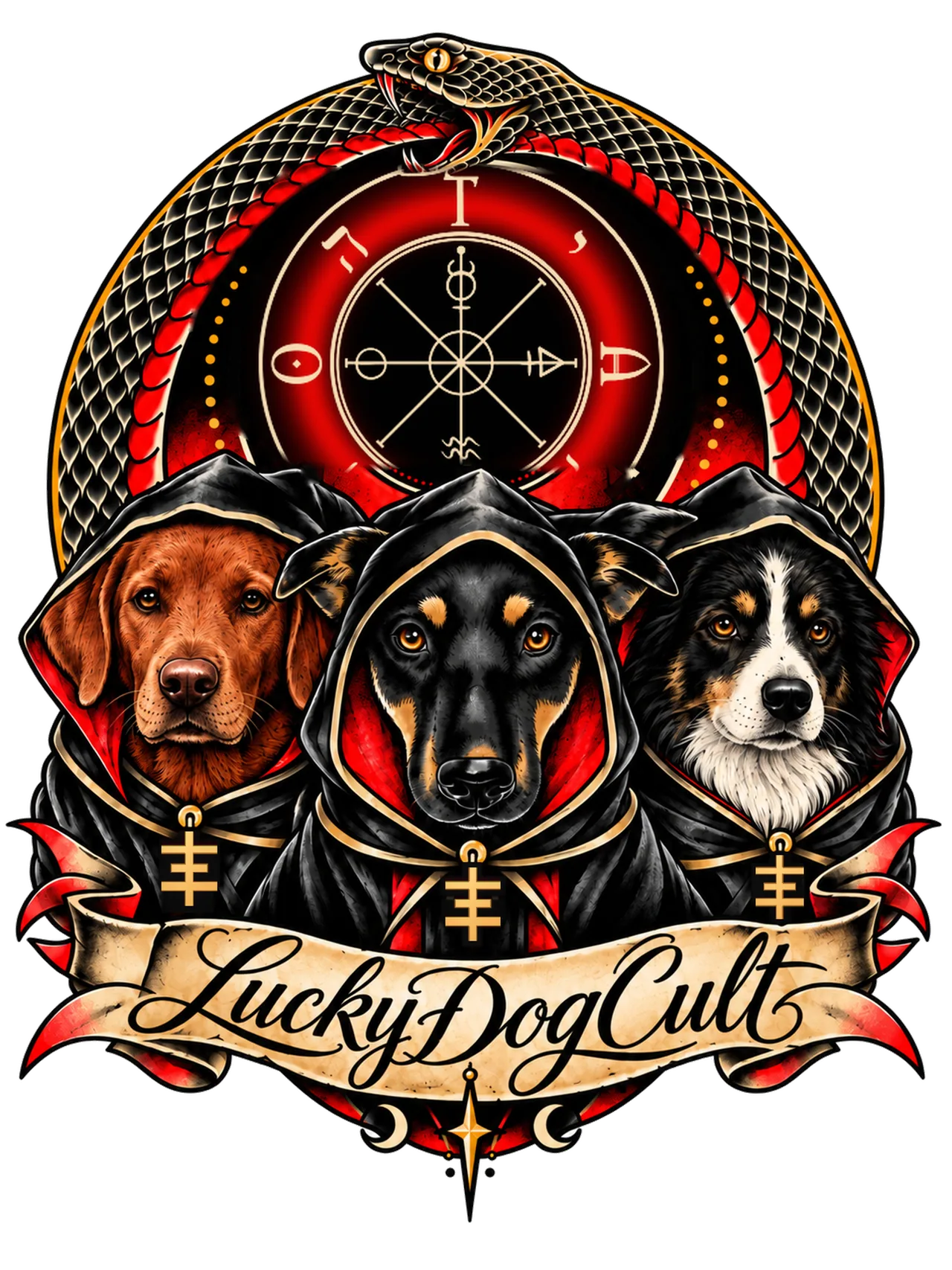 LuckyDogCult: three dogs in black hooded robes under a coiled snake and a red sigil, above a banner with the name.
