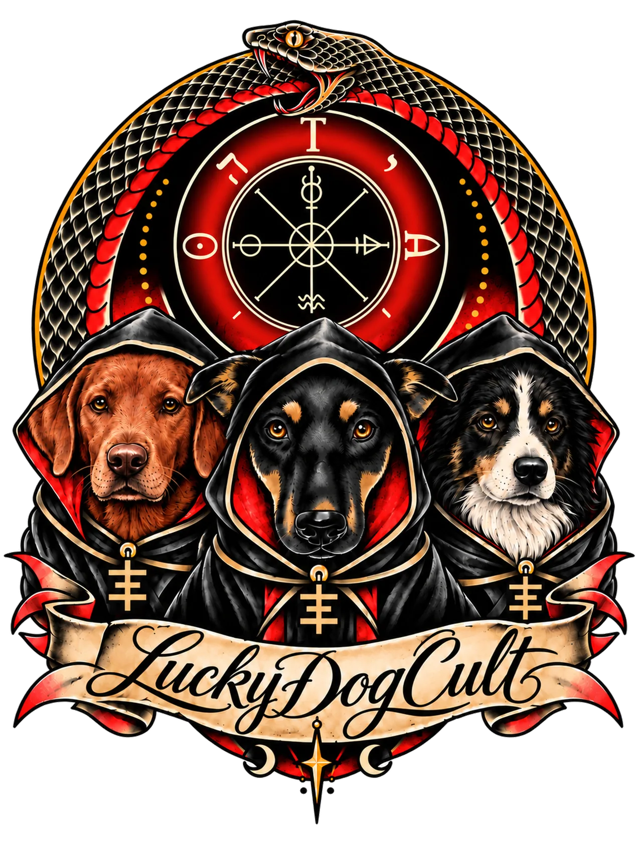 LuckyDogCult: three dogs in black hooded robes under a coiled snake and a red sigil, above a banner with the name.