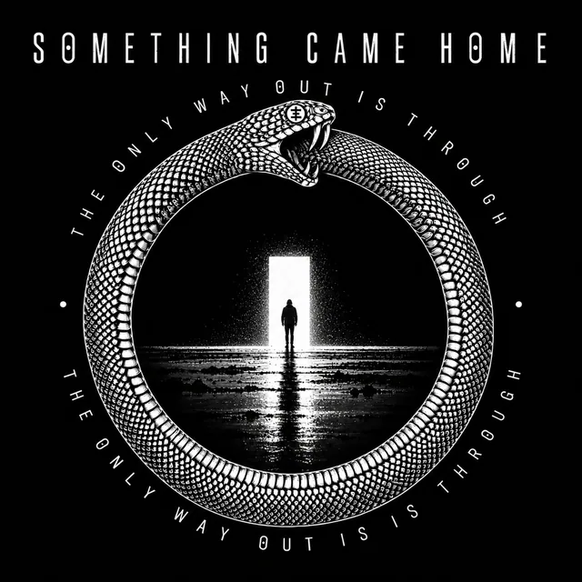 A white ouroboros snake in a circle around a lone figure standing before a bright doorway, the words The Only Way Out Is Through circling the snake.