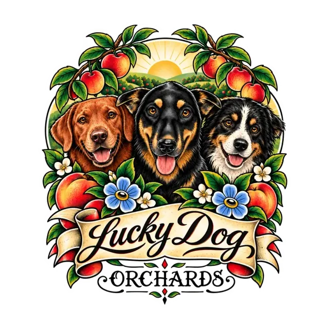 Lucky Dog Orchards logo: three smiling dogs, one red, one black and tan, one tricolor, in front of an orchard at sunrise, framed by peaches, apples and blue flowers, above a ribbon reading Lucky Dog and the word Orchards.
